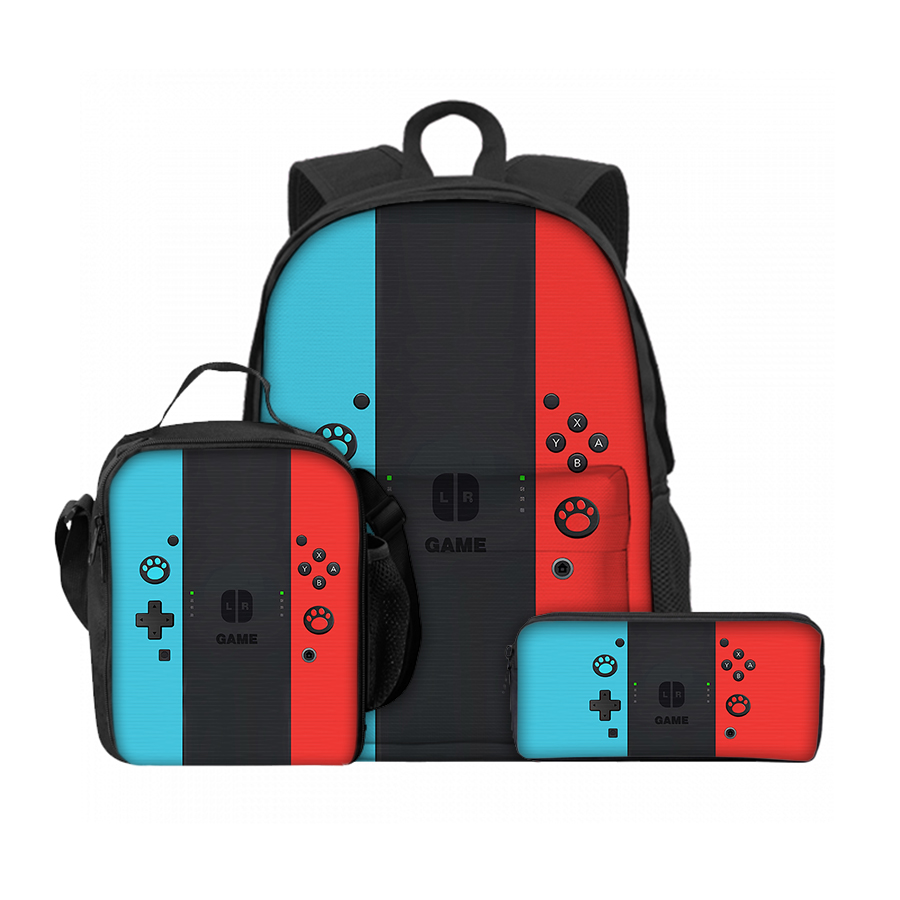 Gaming Console Kids - 3 ชิ้นชุดง่ายเกมคอนโซลถุงอาหารกลางวัน, กระเป๋าปากกา, กระเป๋าด้านหน้ากระเป๋าเป้สะพายหลังสําหรับชาย/หญิงเด็กของขวัญวัยรุ่นแล็ปท็อป BookBag